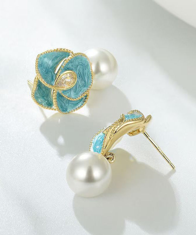 Chic Blue Copper Alloy Pearl Enamel Floral Drop Earrings