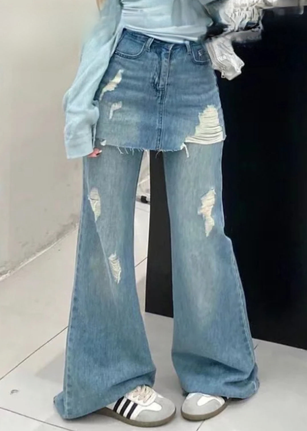 Chic Blue False Two Pieces High Waist Denim Pants Summer