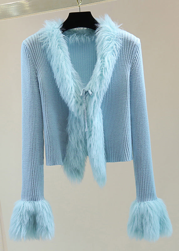 Chic Blue Fur Collar Patchwor Solid Cotton Knit Sweater Winter