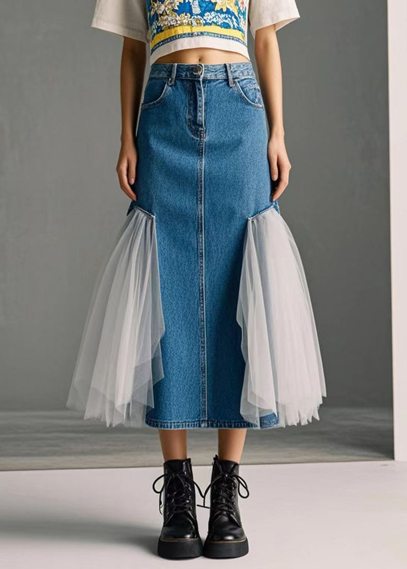 Chic Blue High Waist Patchwork Tulle Denim Wraped Skirts Spring