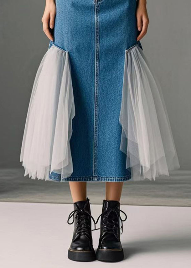 Chic Blue High Waist Patchwork Tulle Denim Wraped Skirts Spring