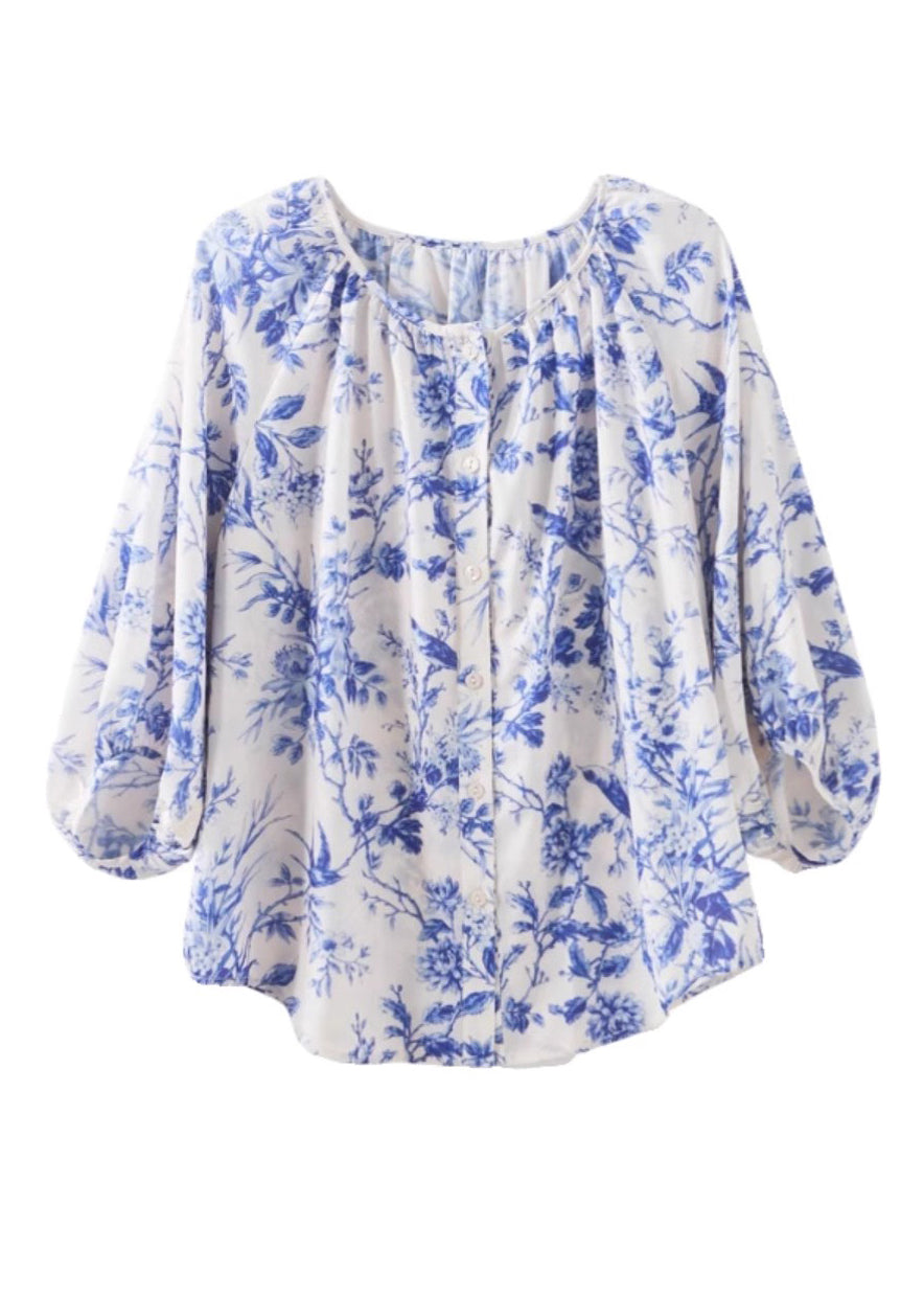 Chic Blue O-Neck Print Chiffon Top Summer