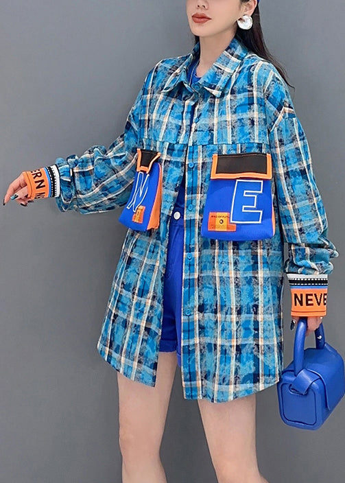 Chic Blue Plaid Button Patchwork Cotton Blouses Long Sleeve