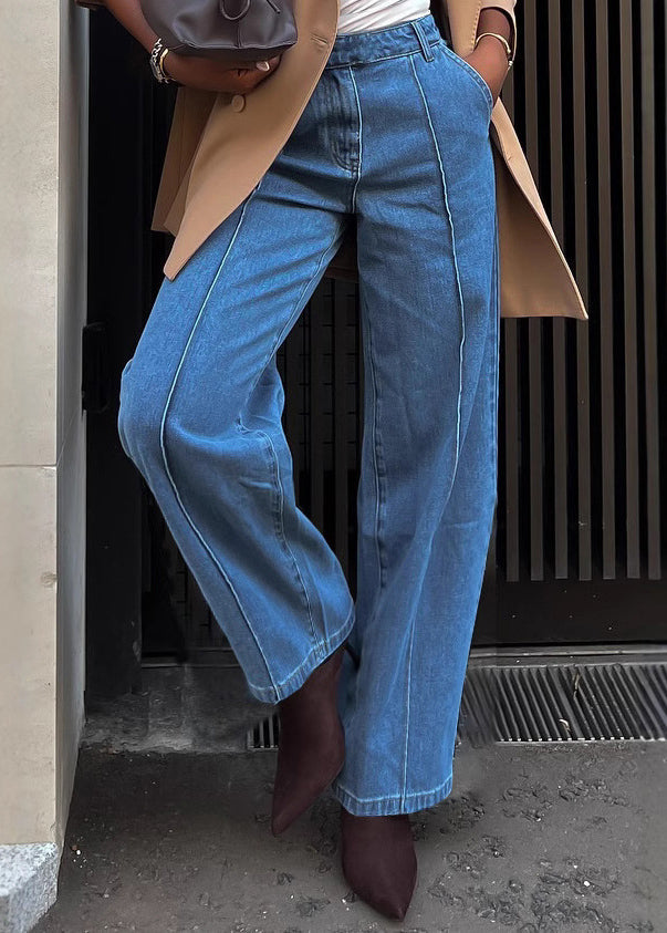 Chic Blue Pockets High Waist Versatile Denim Pants Spring