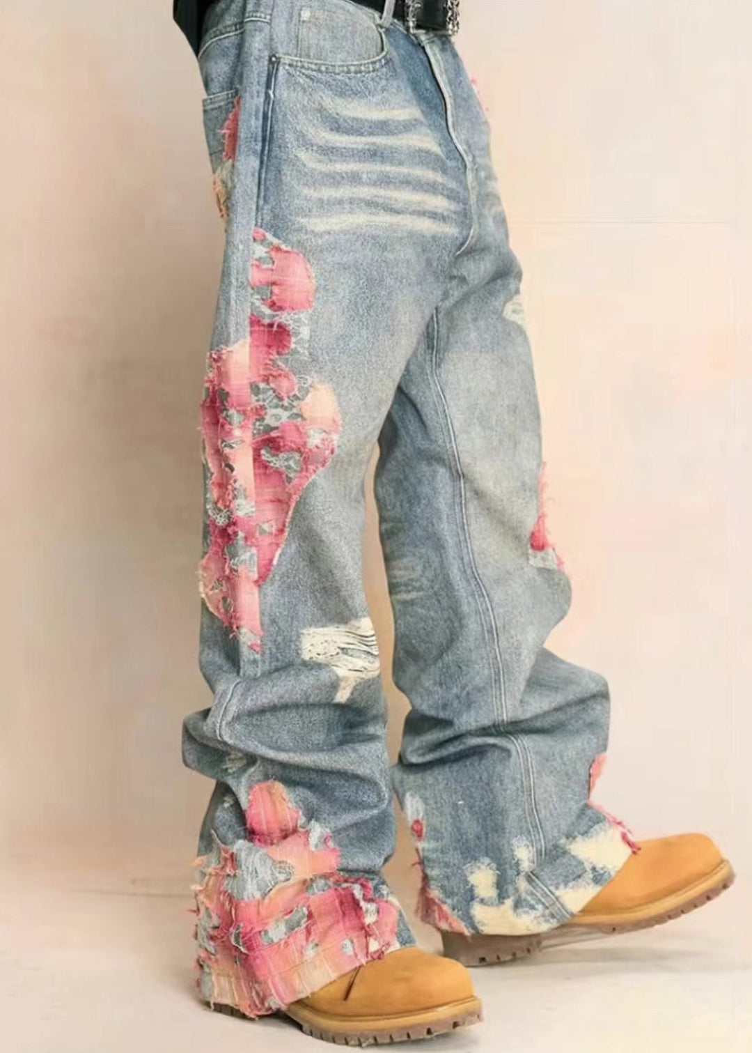 Chic Blue Print Pockets High Waist Denim Pants Fall