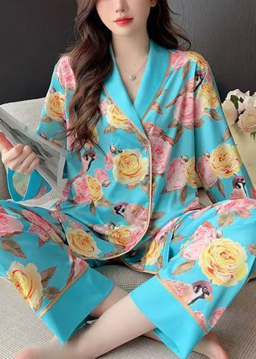 Chic Blue Roses Print Blouses And Pants Ice Silk Pajamas Two Pieces Set Spring