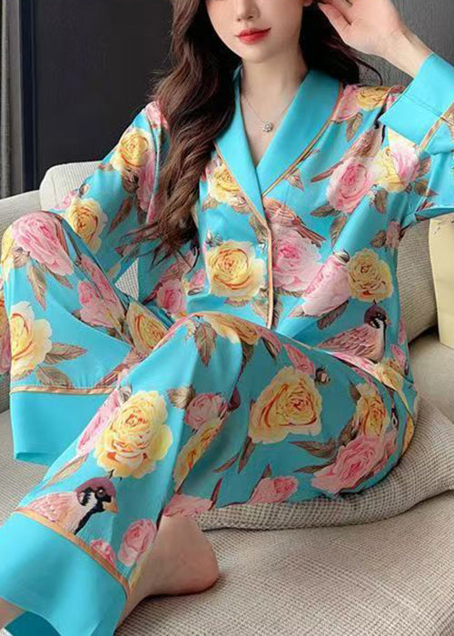 Chic Blue Roses Print Blouses And Pants Ice Silk Pajamas Two Pieces Set Spring