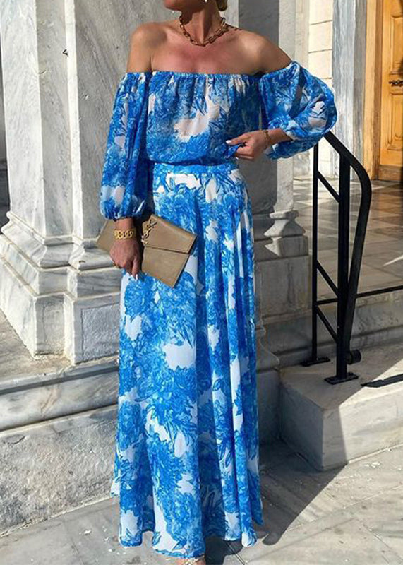 Chic Blue Slash Neck Print Cotton Dress Long Sleeve