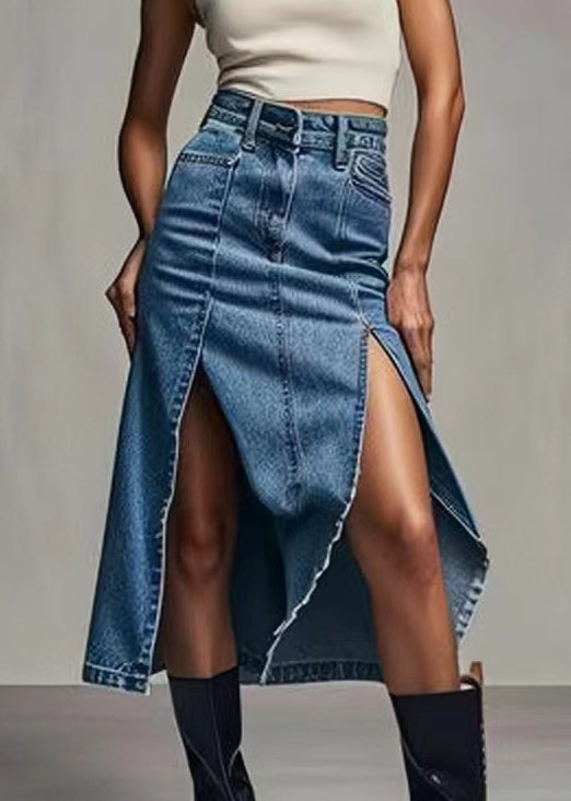 Chic Blue Zippered Side Open High Waist Denim Skirt Summer