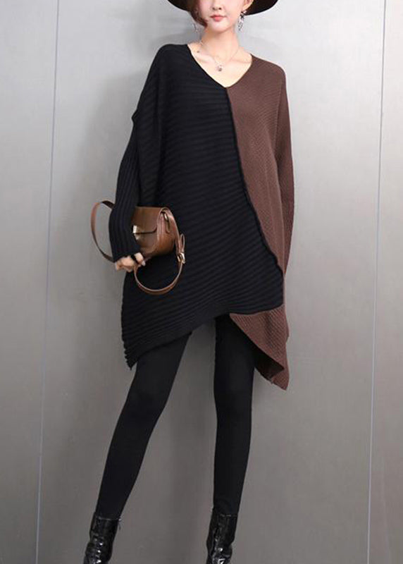 Chic Brown V Neck Asymmetrical Thick Cotton Knitted Sweater Tops Winter