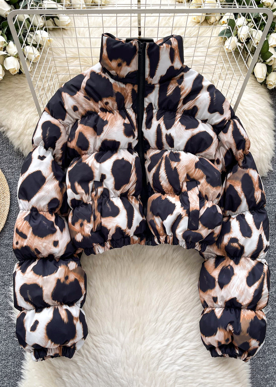 Chic Coffee Leopard Stand Collar Zippered Parkaer Winter