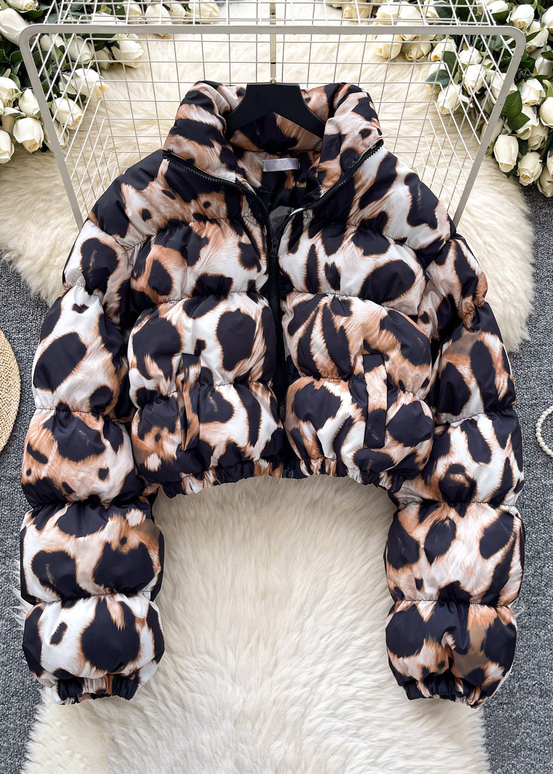 Chic Coffee Leopard Stand Collar Zippered Parkaer Winter