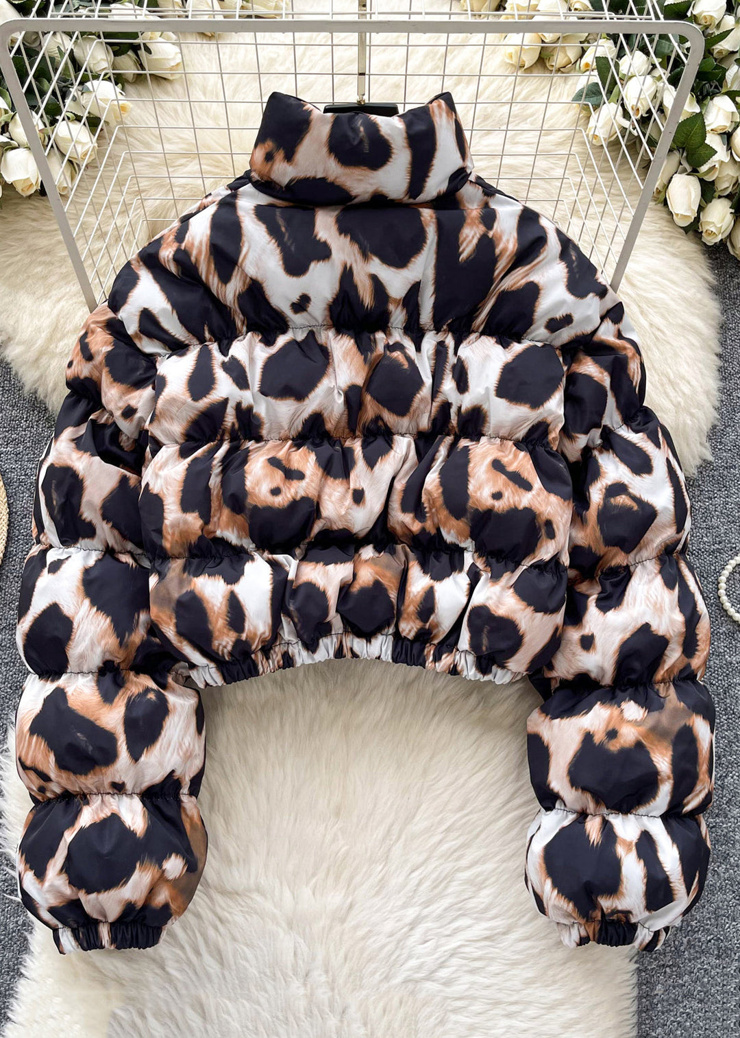 Chic Coffee Leopard Stand Collar Zippered Parkaer Winter