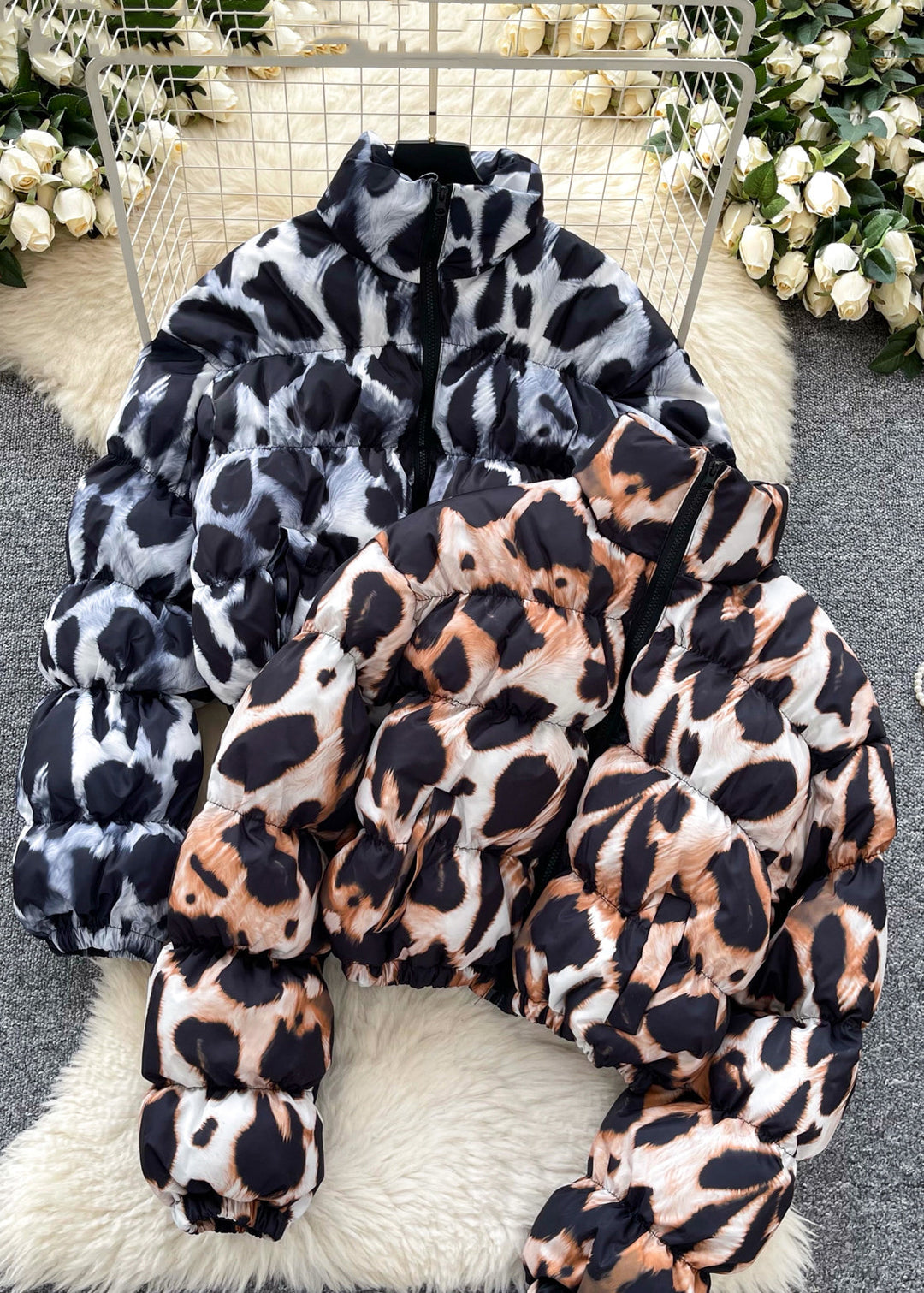 Chic Coffee Leopard Stand Collar Zippered Parkaer Winter