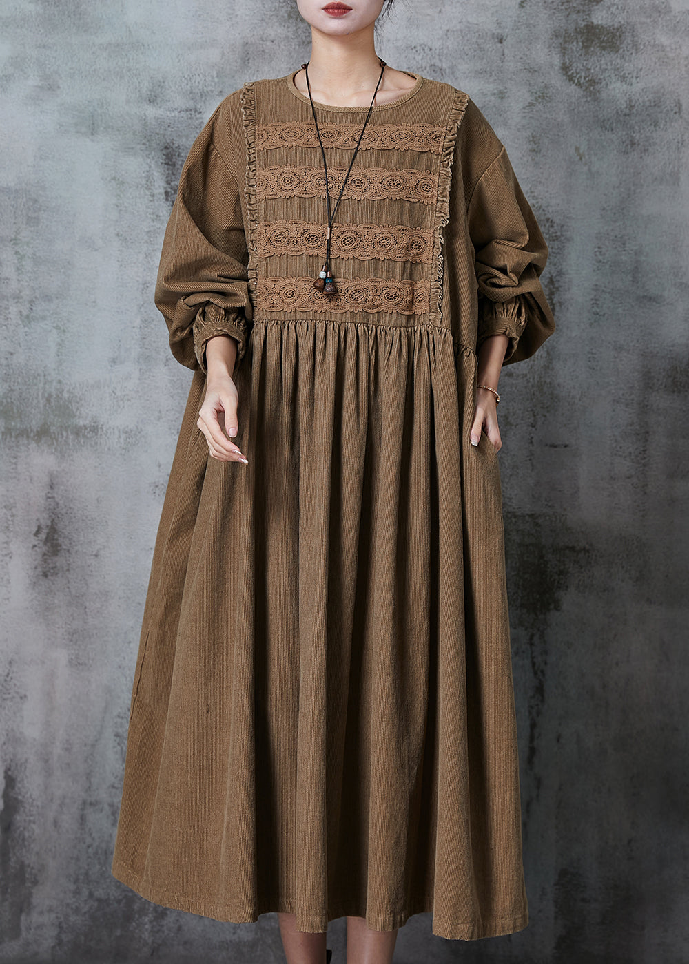Chic Coffee Oversized Patchwork Lace Corduroy Long Dress Spring