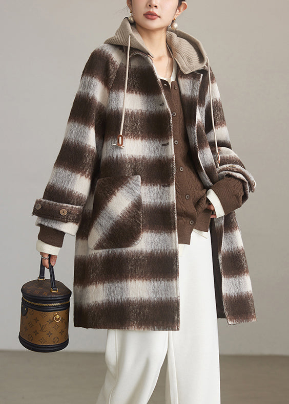 Chic Coffee Plaid Hooded Patchwork Woolen Coats Spring