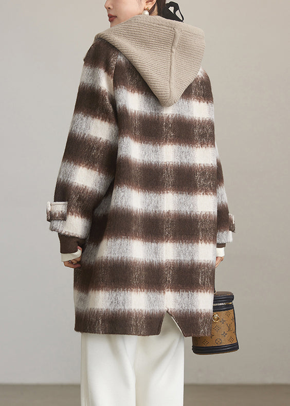 Chic Coffee Plaid Hooded Patchwork Woolen Coats Spring