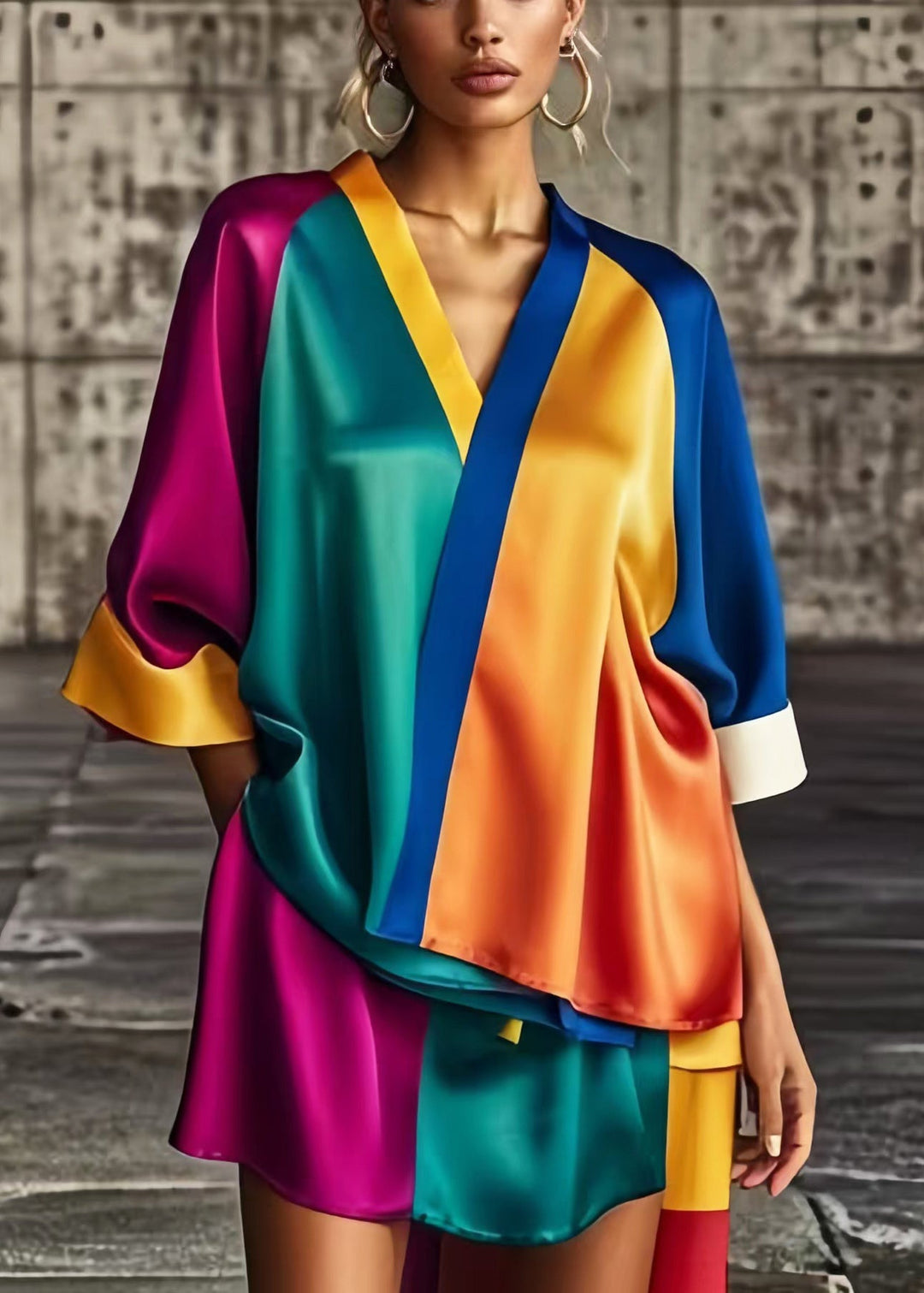 Chic Colorblock Asymmetrical Patchwork Low High Design Silk Dress Summer