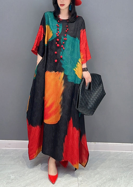 Chic Colorblock O Neck Print Patchwork Cotton Maxi Dress Spring