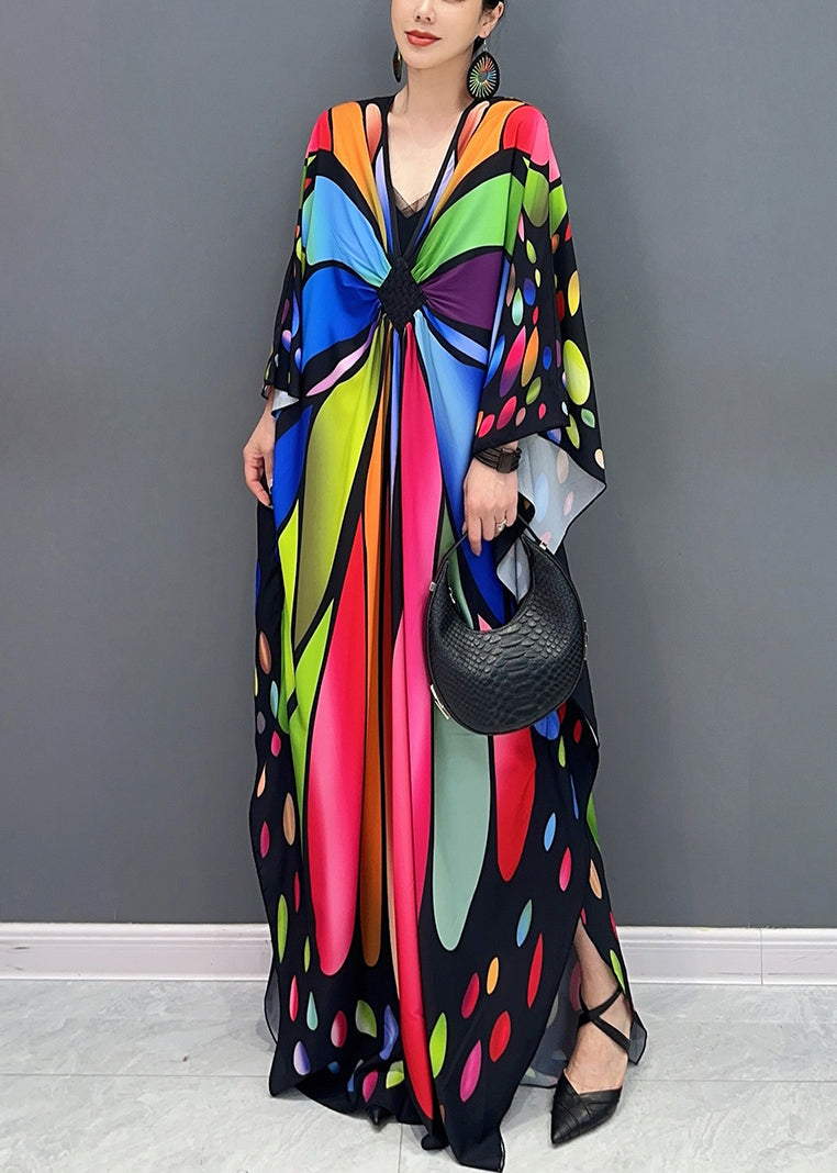 Chic Colorblock V Neck Print Cotton Maxi Dresses Batwing Sleeve