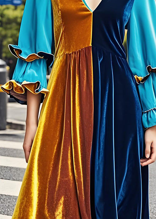 Chic Colorblock V Neck Ruffled Patchwork Velvet Dress Fall