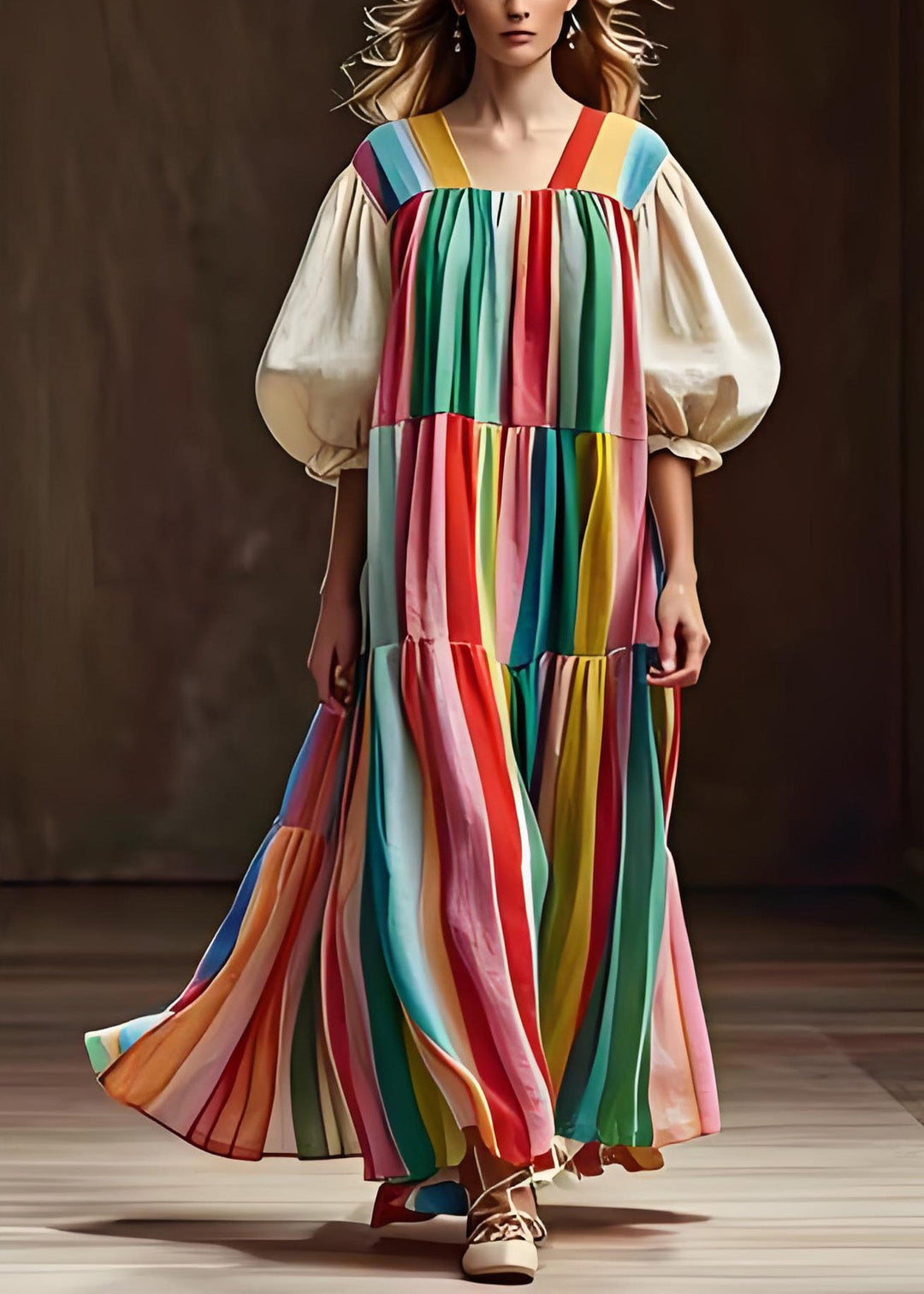 Chic Colorblock Wrinkled Patchwork Cotton Dress Lantern Sleeve