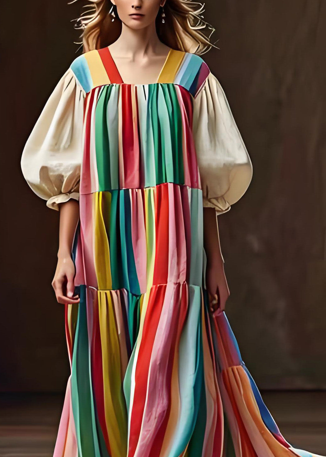 Chic Colorblock Wrinkled Patchwork Cotton Dress Lantern Sleeve