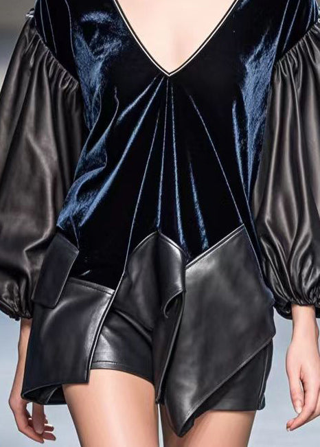 Chic Dark Blue Asymmetrical Patchwork Faux Leather Silk Velour Tops Fall