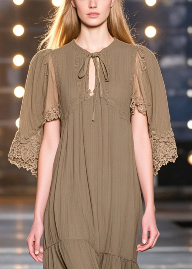 Chic Dark Khaki Lace Up Cotton Tea Dresses Cloak Sleeves