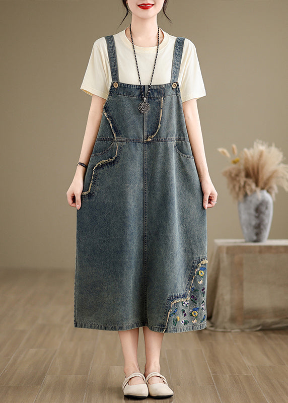 Chic Denim Grey Embroidered Patchwork Spaghetti Strap Dress Sleeveless