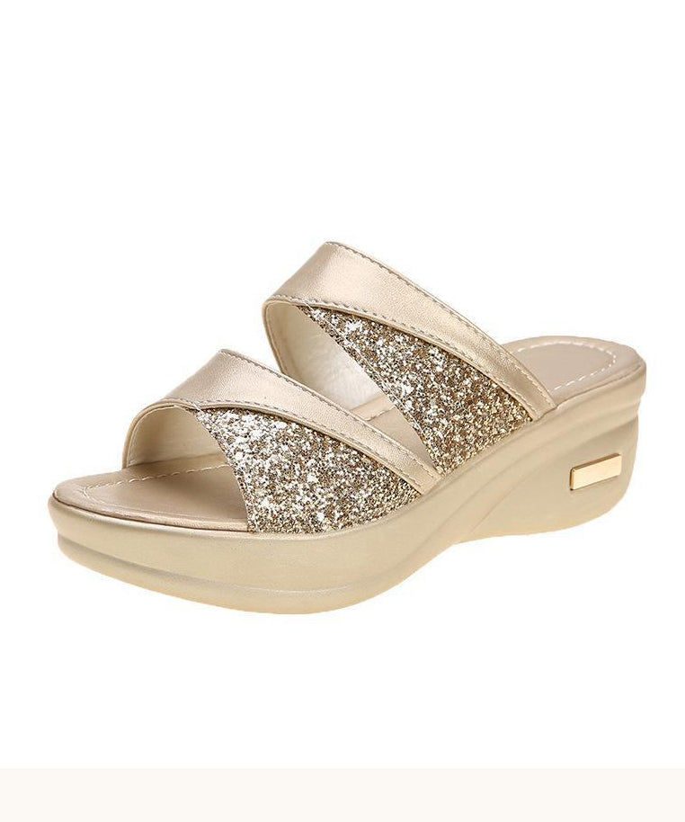 Chic Gold Sequins Wedge Heels Slide Sandals Peep Toe