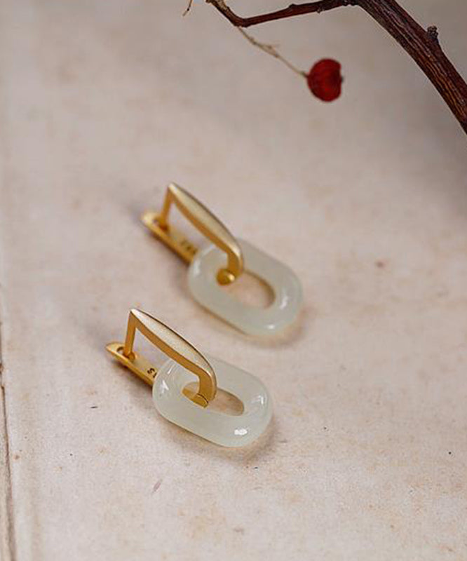 Chic Gold Sterling Silver Overgild Jade Hoop Earrings