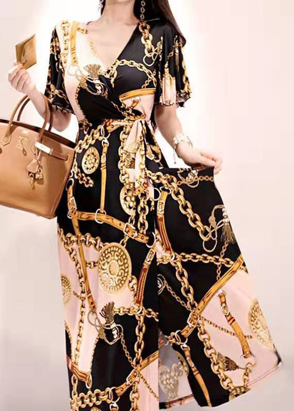 Chic Gold V Neck Print Lace Up Cotton Long Dresses Summer