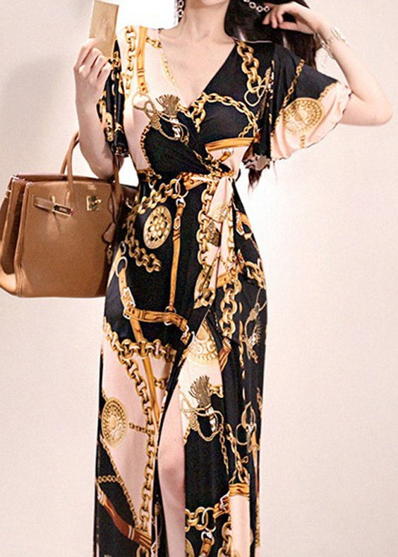 Chic Gold V Neck Print Lace Up Cotton Long Dresses Summer