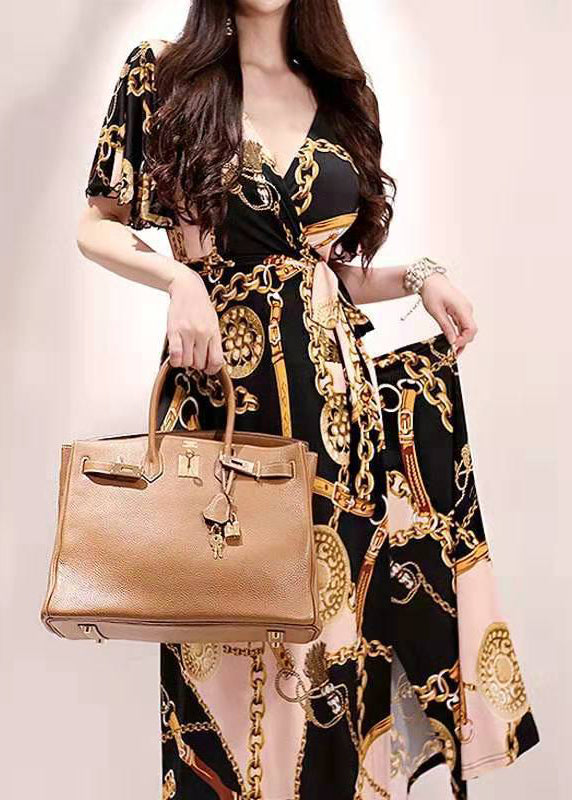 Chic Gold V Neck Print Lace Up Cotton Long Dresses Summer