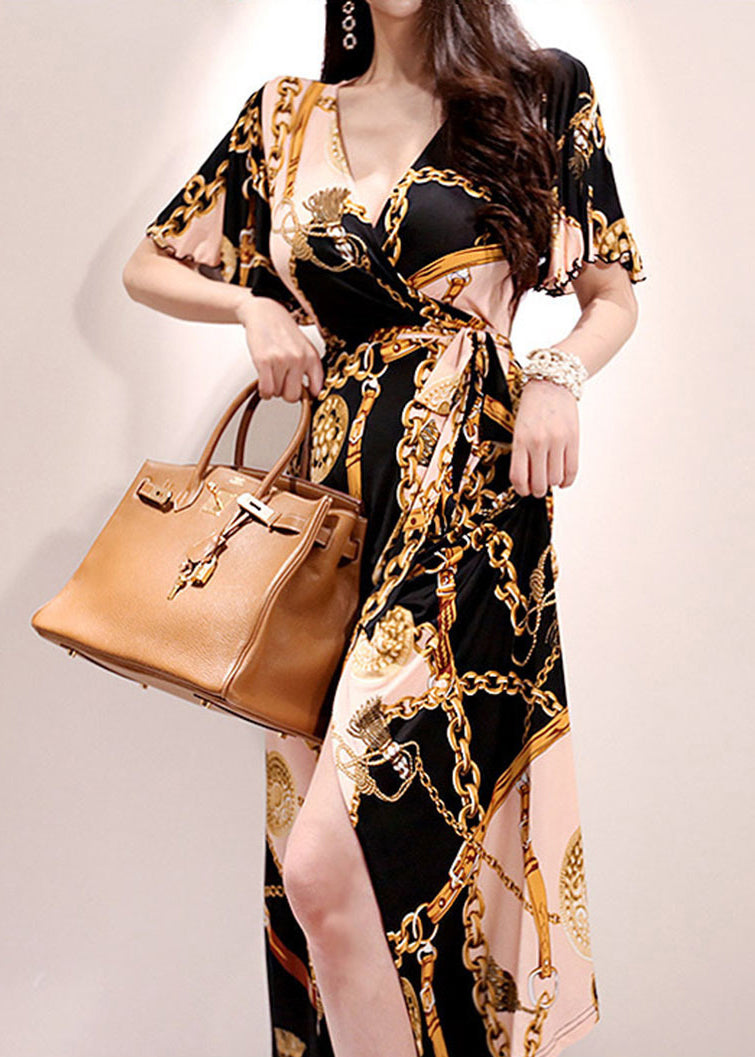 Chic Gold V Neck Print Lace Up Cotton Long Dresses Summer