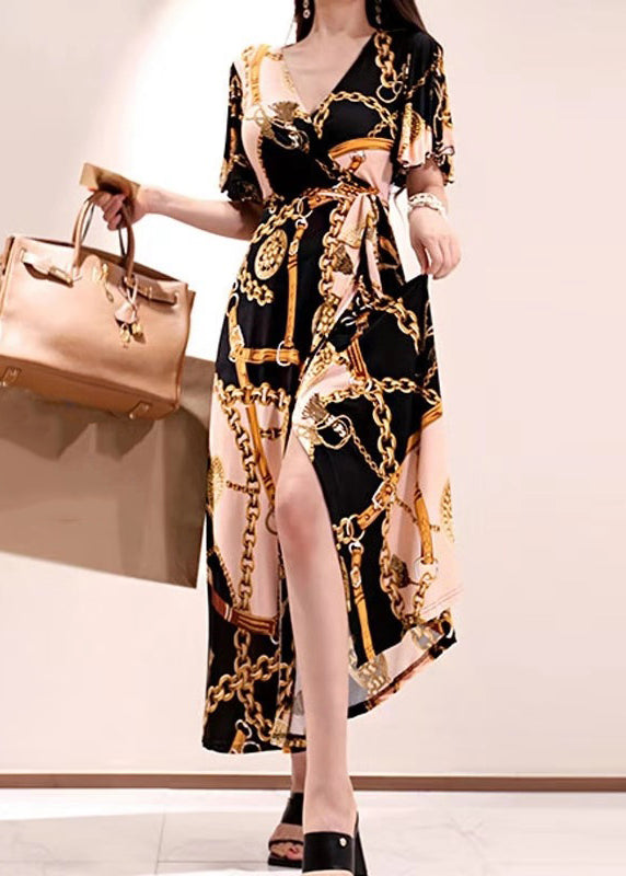 Chic Gold V Neck Print Lace Up Cotton Long Dresses Summer