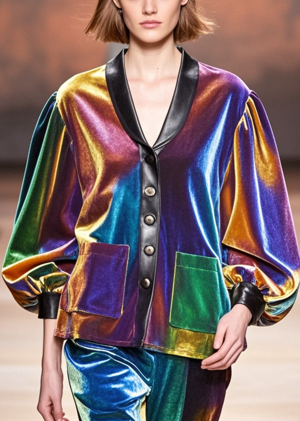 Chic Gradient Color Peter Pan Collar Patchwork Silk Velvet Jackets Fall