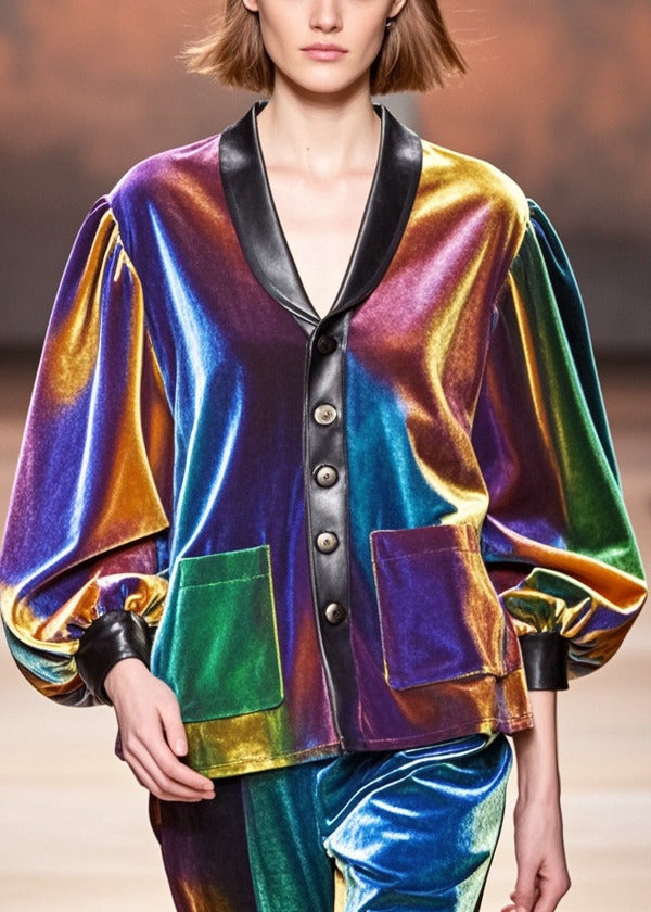 Chic Gradient Color Peter Pan Collar Patchwork Silk Velvet Jackets Fall