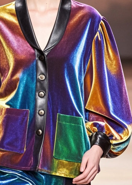 Chic Gradient Color Peter Pan Collar Patchwork Silk Velvet Jackets Fall