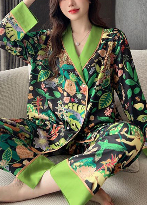 Chic Green Peter Pan Collar Print Ice Silk Pajamas Two-Piece Set Spring