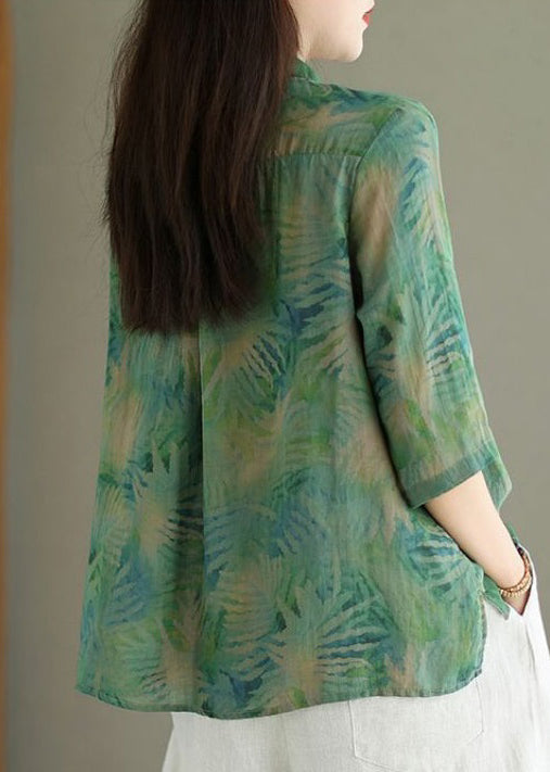 Chic Green Print False Two Pieces Linen Shirt Half Sleeve