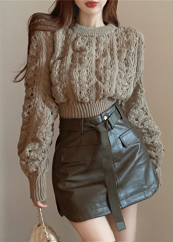 Chic Green Puff Sleeve Hollow Out Knit Short Sweater Spring