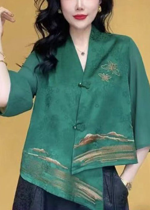 Chic Green V Neck Button Silk Shirts Bracelet Sleeve