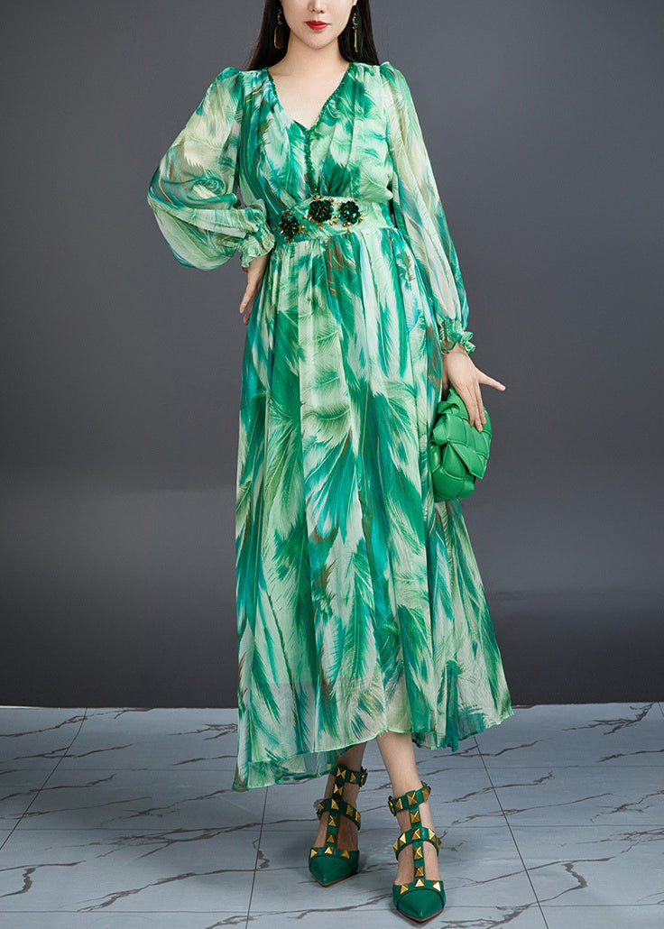 Chic Green V Neck Print High Waist Chiffon Dress Butterfly Sleeve