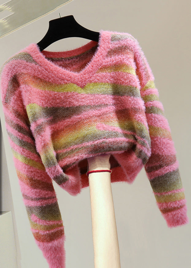 Chic Green V Neck Thick Striped Cotton Knit Sweater Winter