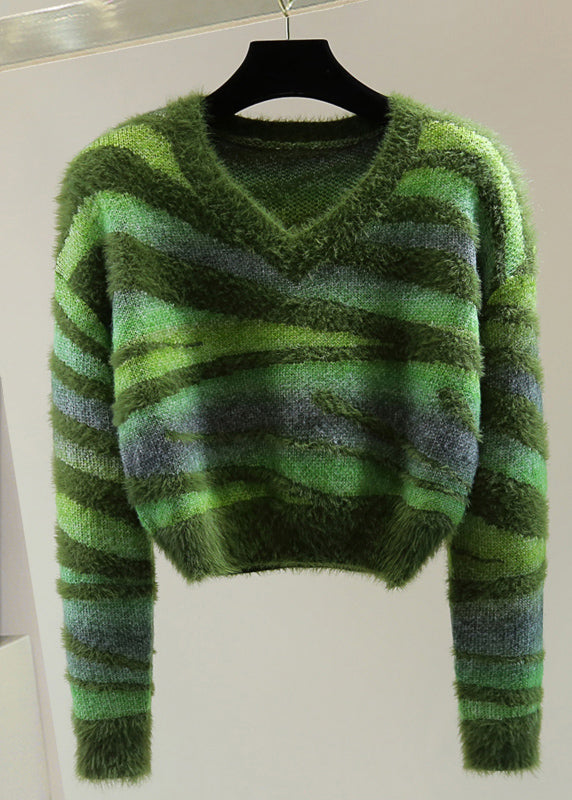 Chic Green V Neck Thick Striped Cotton Knit Sweater Winter