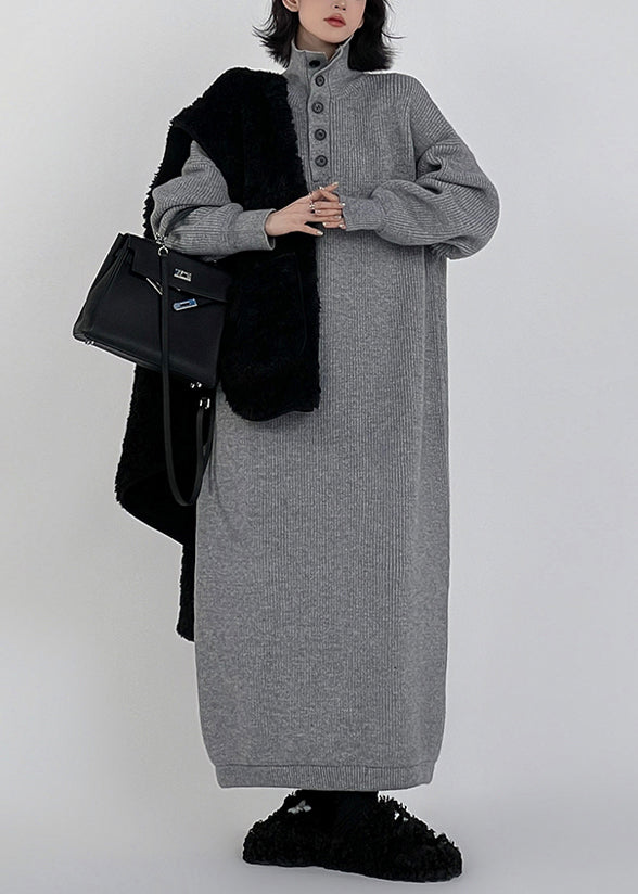 Chic Grey Hign Neck Button Long Knit Sweaters Dress Winter