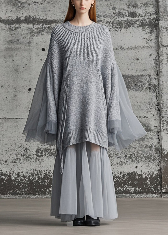 Chic Grey Patchwork Tulle Knitted Dress Oversized Batwing Sleeve