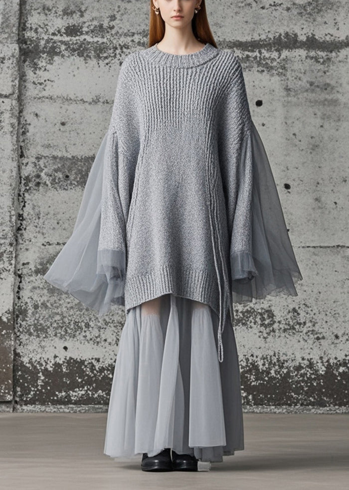 Chic Grey Patchwork Tulle Knitted Dress Oversized Batwing Sleeve